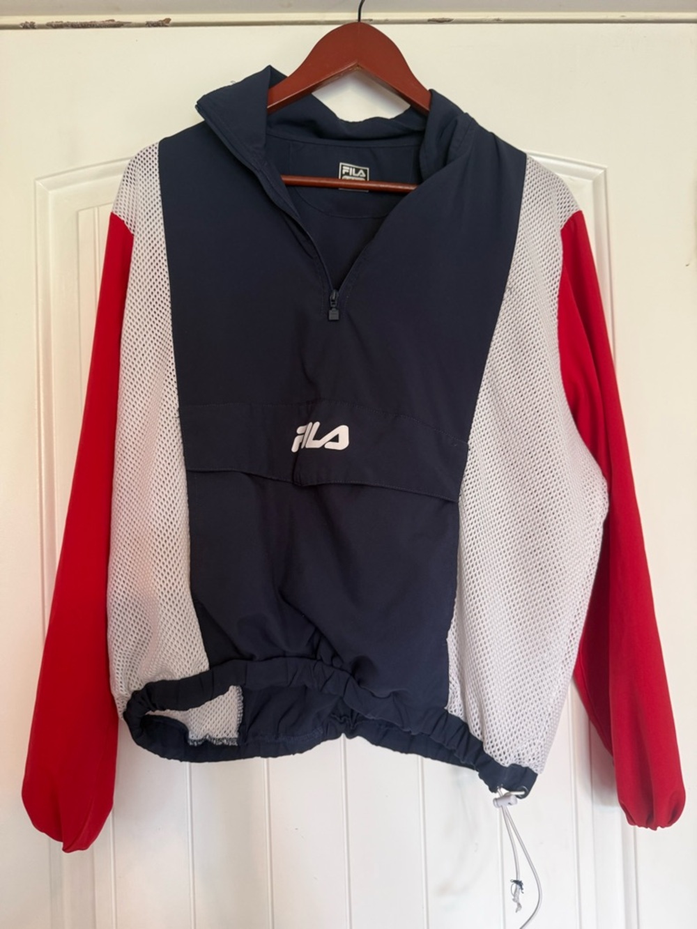 FILA‎ Men's Colorblock Windbreaker Mesh sides Navy Red White Half Zip Size L